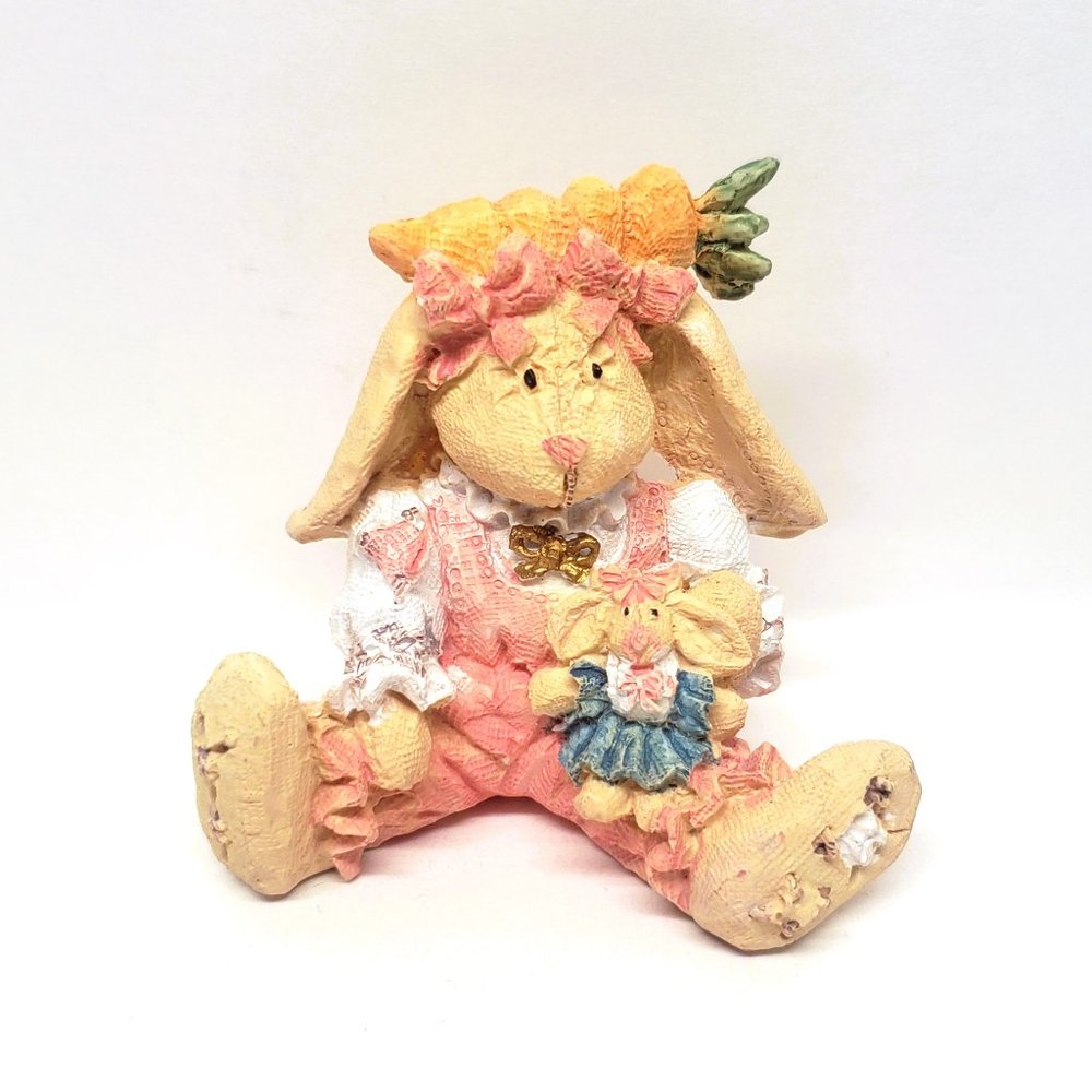 Easter Bunny Figurine Rabbit Pink Overalls Carrot Doll Resin Bows Girl 2.75"